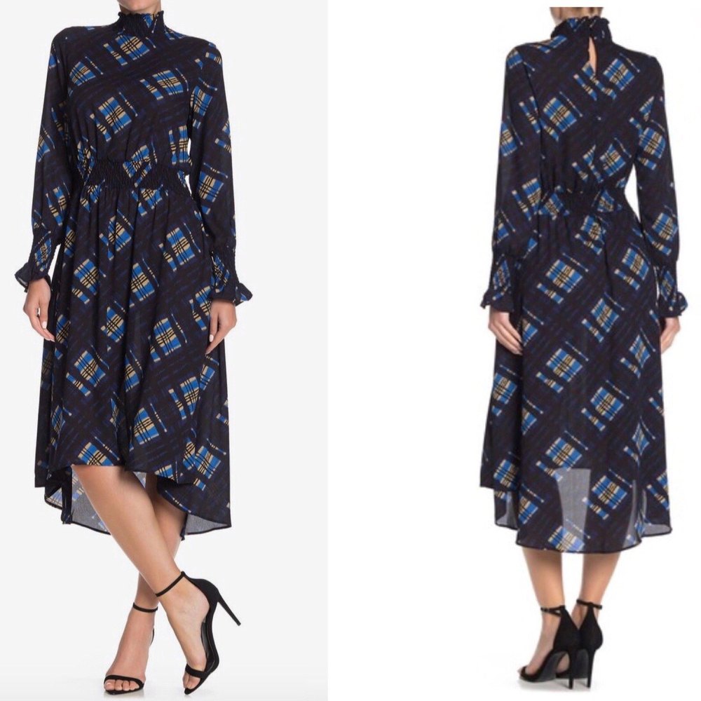 NWOT Nanette Lepore Mari Dress Long Sleeve Mock Neck Printed High Low Blue Sz 4